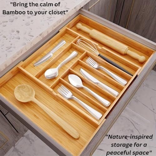 Bamboo Kitchen Drawer Organizer: Expandable Tray, Adjustable Cutlery