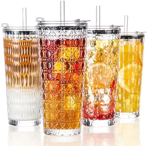 YUN TAO 16 oz Glass Cups with Lids and Straws, Set of 4 Clear Embossed