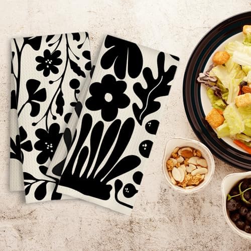 ArtisaEura Boho Abstract Retro Black Floral Kitchen Towels, Mid