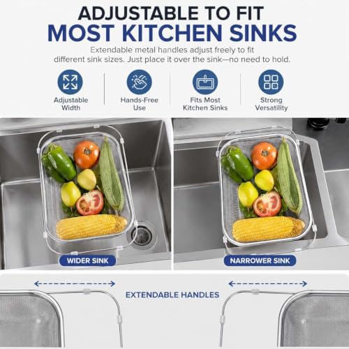 Adjustable Over‐the‐Sink Colander Basket, Expandable Stainless Steel
