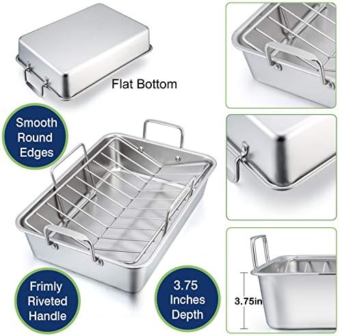 P&P CHEF 16" Roasting Pan with Racks, Stainless Steel Roaster Turkey