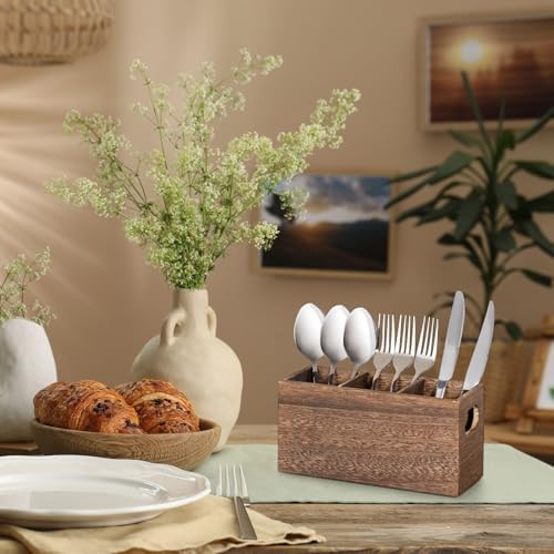 Wooden Utensil Holder Organizer for countertop, 3 Compartment Cutlery Caddy