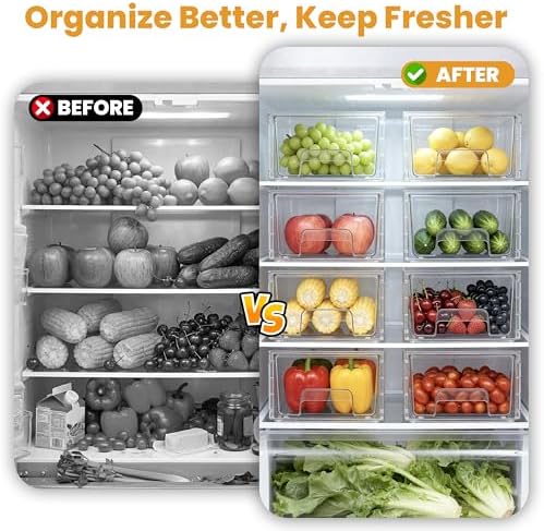 4 Pack Stackable Storage Drawers with Handles, Easy Assembly Clear Acrylic Fridge Organizer, Refrigerator Organizers and Storage for Kitchen, Under Sink, Pantry, Bathroom