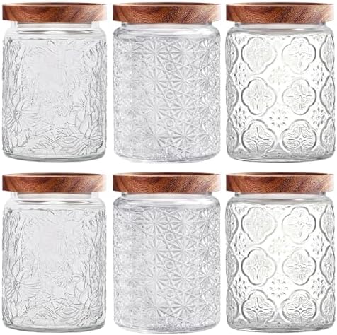Vintage Glass Jars with Wooden Lids, 6 Pack 24 oz Airtight Glass Food