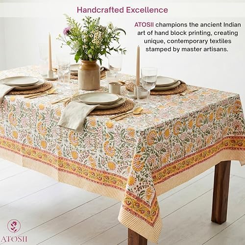 ATOSII Cotton Blockprint Rectangle Tablecloth, Clover Yellow, 90" X