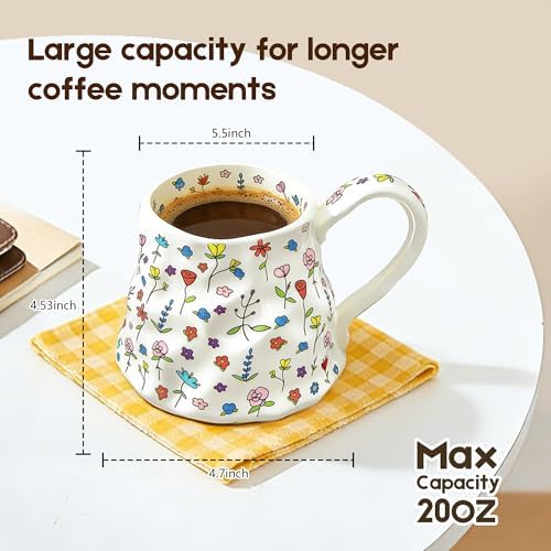 20 oz Large Coffee Mug, Cute Floral Ceramic Mug with Big Handle, White