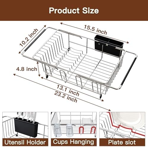 Over-the-Sink Expandable Dish Drainer Rack, Stainless Steel