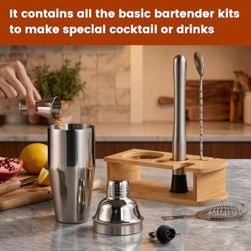 ZPUFAW 8-Piece Cocktail Shaker Set with Wooden Stand Bartender Kits