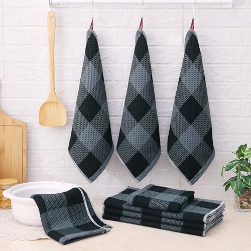 Homaxy 100% Cotton Kitchen Towels and Dishcloths Set of 8, Black &