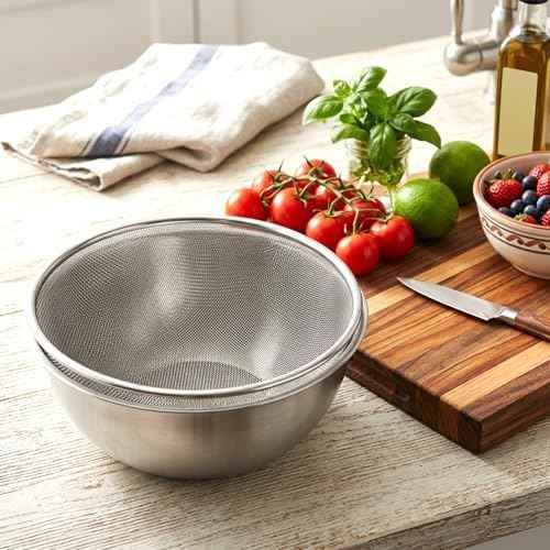 Stainless Steel Colander and Strainer Bowl Set, 3.2QT Rice Washer Strainer with Mixing Bowl, Multipurpose Kitchen Basket with Fine Mesh Colander Stainless Steel Pasta Strainers Solid Bowls