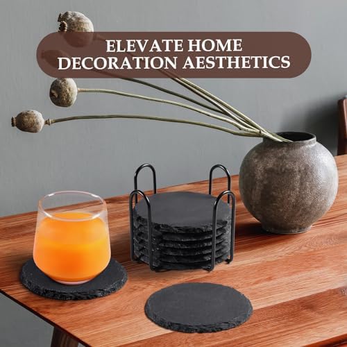 Slate Coasters Set of 8 with Metal Holder, Modern Stone Coasters for