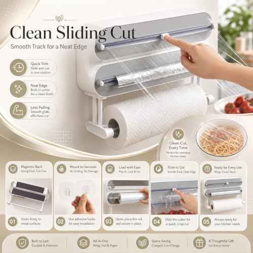 Magnetic Wrap Dispenser with Cutter, 3-in-1 Kitchen Roll Holder