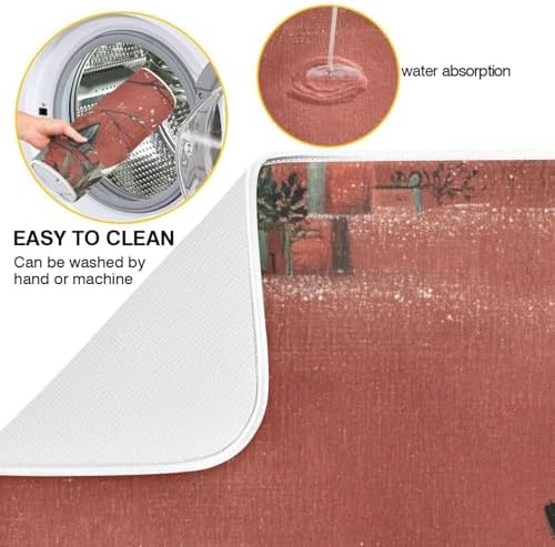 OTVEE Snowmen Red Barns Dish Drying Mat for Kitchen Counter Absorbent