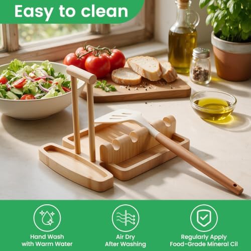 Bamboo Spoon Rest & Pot Lid Holder for Stove Top, 2-in-1 Spatula Rest