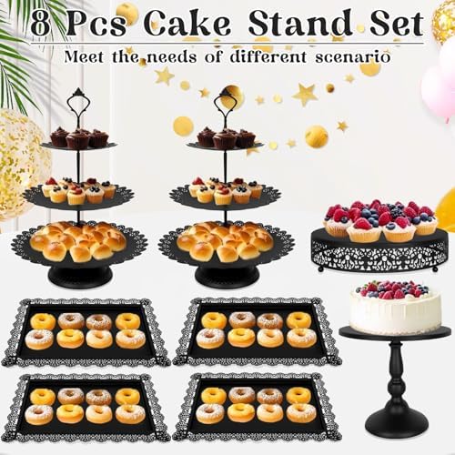 Fivenl 8 Pcs Cake Stand Black Metal Dessert Table Display Set, 3-Tier