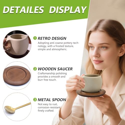 Ceramic Coffee Mug with Natural Wood Saucer & Spoon, 8.5oz Rustic