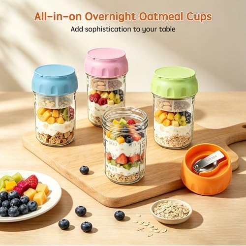 16oz Overnight Oats Containers with Lids & Folding Spoons, 4 Pack