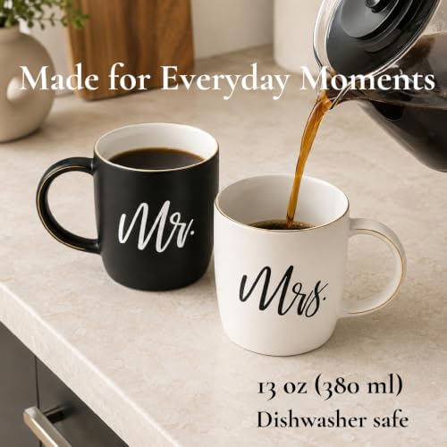 Triple Gifffted Mr and Mrs Coffee Mugs Couples Gift Set, 13oz Ceramic