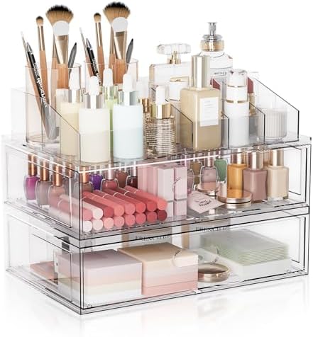 Clear Stackable Makeup Organizer with Drawer, 12''W Acrylic Storage