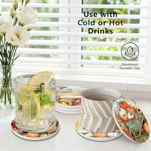 6Pcs Fall Pumpkin Coasters with Holder, Sunflower Truck Ceramic