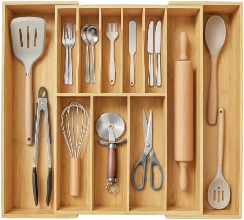 Bamboo Silverware Drawer Organizer, Expandable Utensil Tray, 17.3-30''