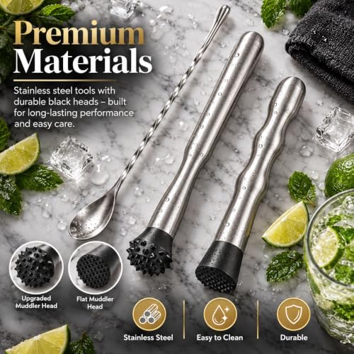 Stainless Steel Cocktail Muddler for Cocktails Set, 8 & 12 Inch