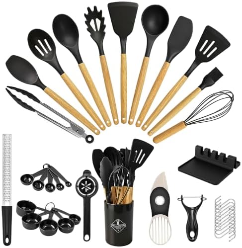 39-Piece Silicone Kitchen Utensils Set, Wood Handle