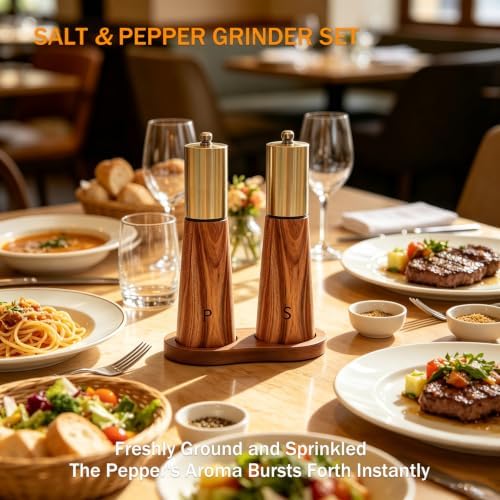 Gold Manual Salt & Pepper Grinder Set with Wooden Base