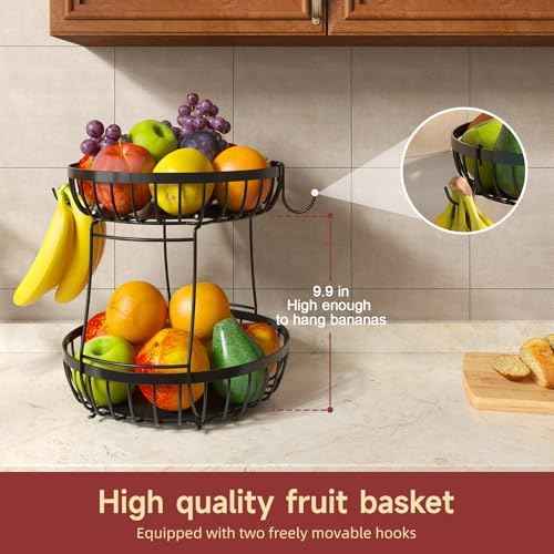 Sevenblue 2 Tier Large Fruit Bowl for Kitchen Counter with 2 Banana Hangers
