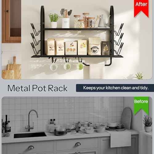 HOOBRO 30 Inch Pot Rack Wall Mounted, 2 Tier Pots and Pans Organizer with 6 Lid Holders and 10 Hooks, Wall-Mounted Pan Hanger with Towel Bar, for Kitchen Cookware Utensils Storage, Black BB100TL01