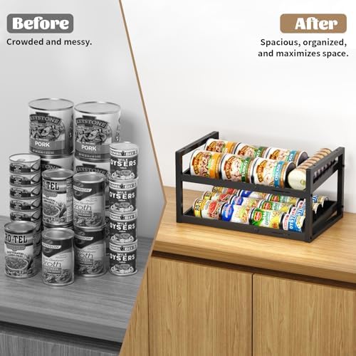 2-Tier Can Organizer for Pantry, Expandable Length Can Rack for Kitchen Shelf Organizer and Storage, Sturdy Metal Standing Can Holder for Canned Soup Soda Food Goods Storage, Stackable