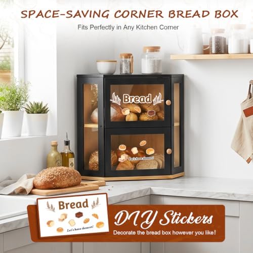 Black Corner Bread Box for Kitchen Countertop, Extra Large Bamboo Storage Breadbox, 2 Tier Modern Bread Bin Container for Homemade Bread with Acrylic Door Panel, Kitchen Organization