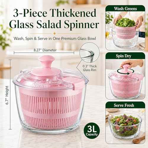 Glass Salad Spinner 3.2 Qt, Small Salad Spinner, Glass Bowl, Pink