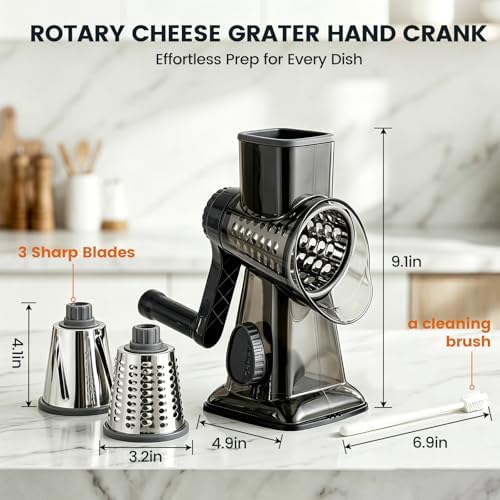 HANSGO Hand Crank Rotary Cheese Grater, 3 Blades