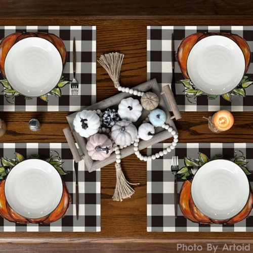 Artoid Mode Buffalo Plaid Pumpkin Fall Placemats Set of 6-12 x 18 Inch