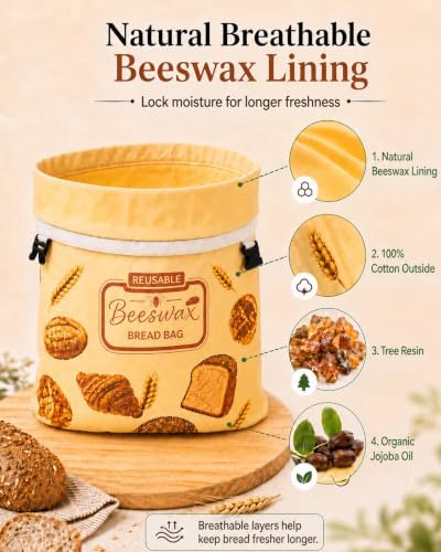 Detachable Beeswax Bread Bag with Zipper, 14 x 19 Inch