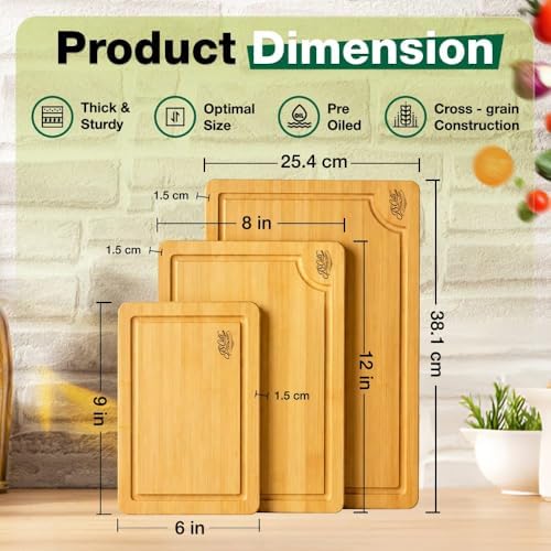 Bamboo Cutting Board Set for Kitchen – 3 Piece Wooden Chopping Boards
