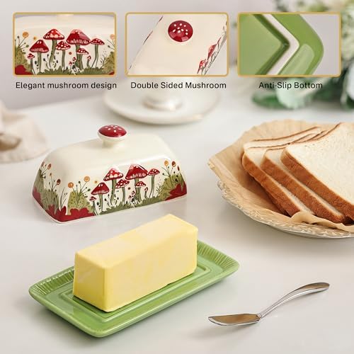 Fungi Fun Ceramic Butter Dish with Lids - Mushroom Butter Containers