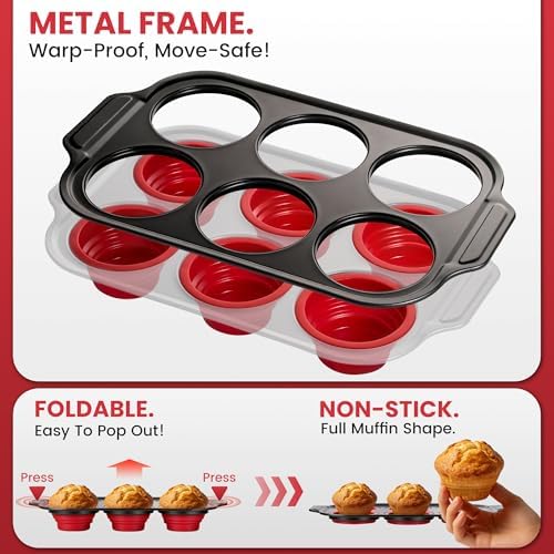Silicone Muffin Pans for Baking with Metal Frame - 6 Cups Cupcake Pans