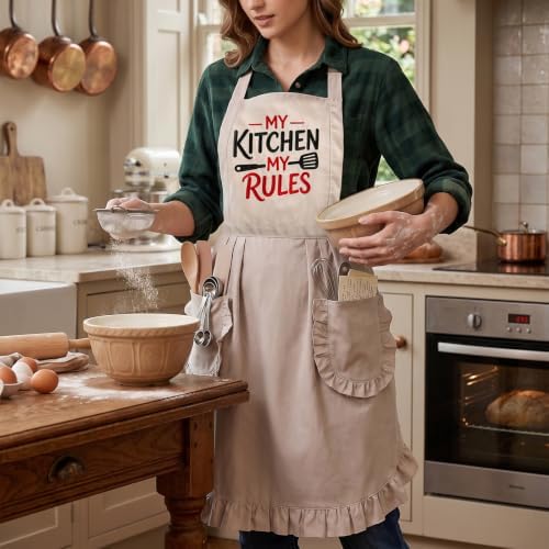 Elife Kitchen Apron, 3D Embroidered Cooking Apron with Pockets for