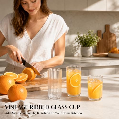 INSETLAN Ribbed Drinking Glasses Set of 12 – 6 Highball Glasses 12oz