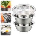 Germany Multifunctional Stainless Steel Basin, 3 in 1 Grater Bowl with Strainer Colander, Vegetable Slicer & Rice Rinser Kitchen Tool (10.23in*10.23in*3.54in)