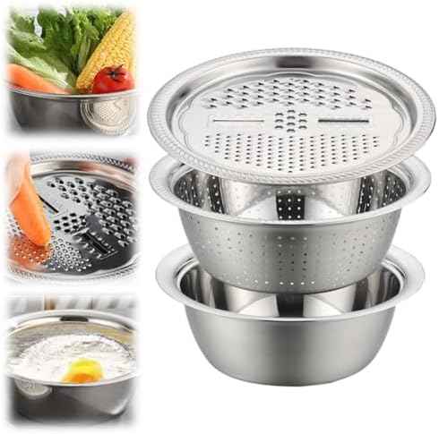 Germany Multifunctional Stainless Steel Basin, 3 in 1 Grater Bowl with Strainer Colander, Vegetable Slicer & Rice Rinser Kitchen Tool (10.23in*10.23in*3.54in)