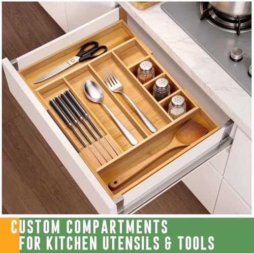 Bamboo Expandable Drawer Organizer, 15"-22" Storage Tray