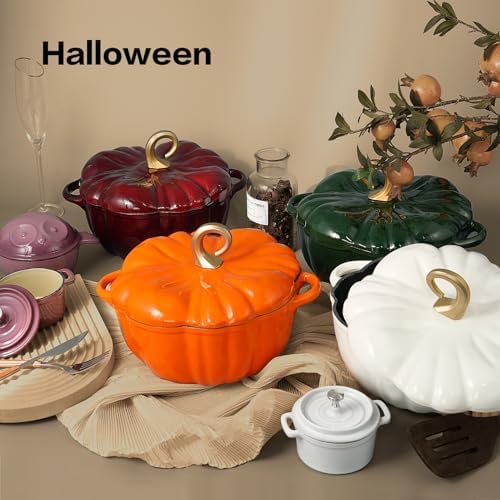 Flavehc Pumpkin Dutch Oven Pot with Lid 3.8 Qt, Enameled Cast Iron, Halloween Decor