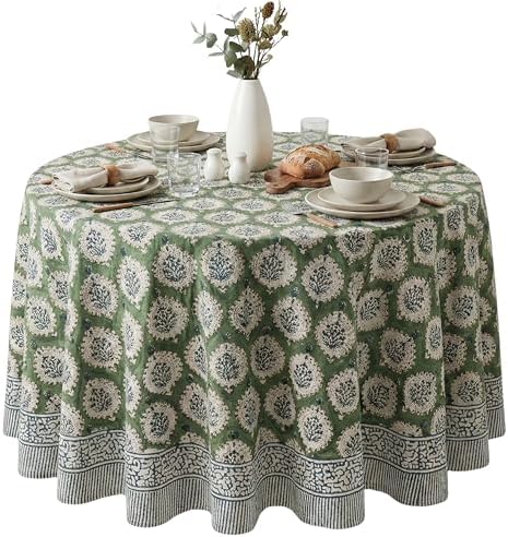 ATOSII Cotton Blockprint Round Tablecloth, Kari Green, 90 Inches