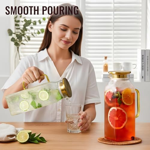 2 Pack 2.2 Liter/75 oz Square Classic Stripes Glass Pitcher with Lid