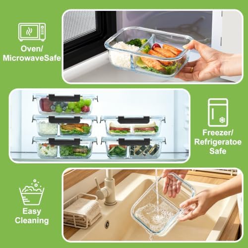 Glass Meal Prep Containers with Dividers, 6 Pack