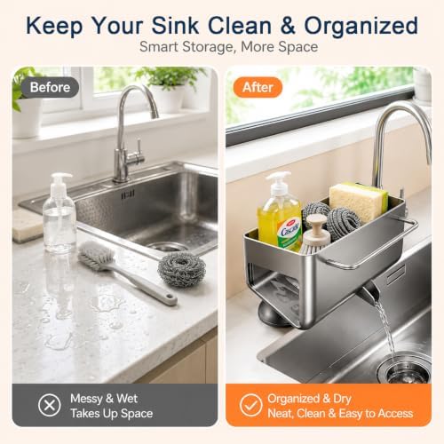 Sponge Holder for Kitchen Sink, Self-Draining, Gray