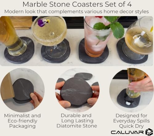 Marble Stone Coasters Set of 4 Slate, Absorbent Coasters for Drinks